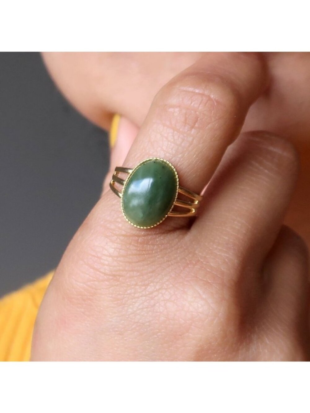 Jade Ring Lucky Prosperity Gem Gold Adjustable Size 4 to 10 Green Boho Jewelry